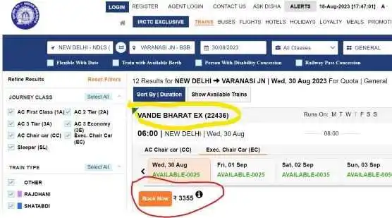 Vande Bharat Train Ticket Price