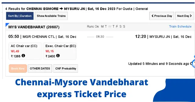 chennai mysore vande bharat ticket price